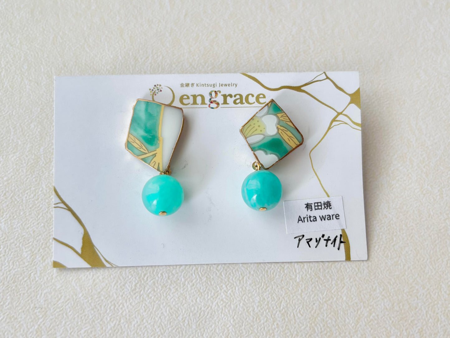 Arita Ware (Enzaemon Kiln) Kintsugi Surgical Stainless Steel Pierced Earrings, Hand-painted, Japanese Pattern, Dangling, Traditional Craft, #486