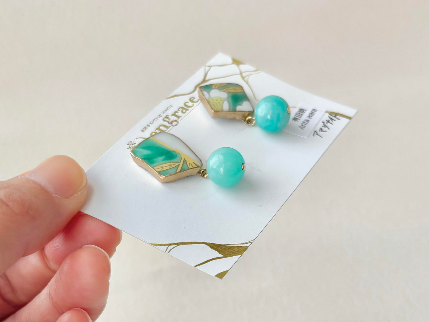 Arita Ware (Enzaemon Kiln) Kintsugi Surgical Stainless Steel Pierced Earrings, Hand-painted, Japanese Pattern, Dangling, Traditional Craft, #486