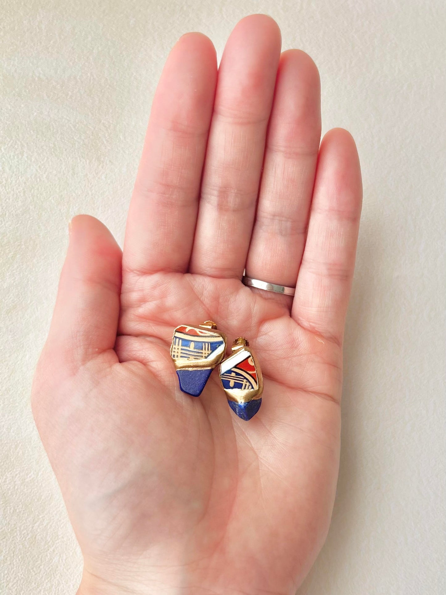 Hagi Ware Kintsugi Screw-Back Clip-On Earrings, Blue, Dangling, Traditional Craft, #489