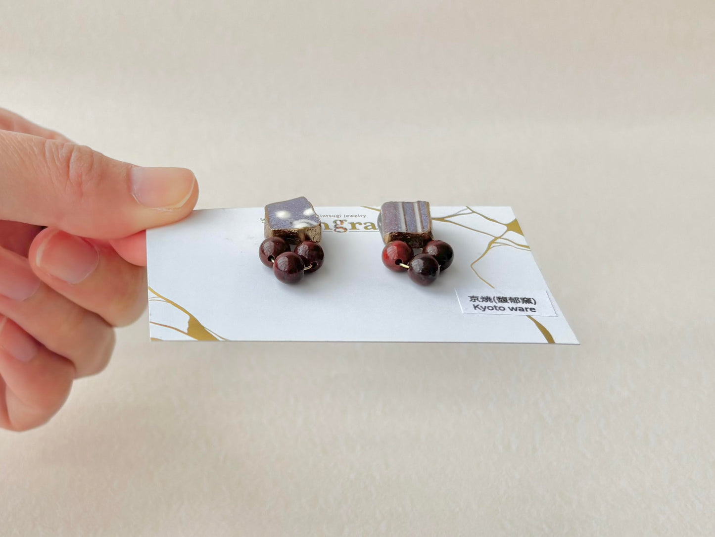 京焼 　金継ぎ　サージカルステンレスピアス　紫　ブラッドストーン　天然石　伝統工芸　＃550