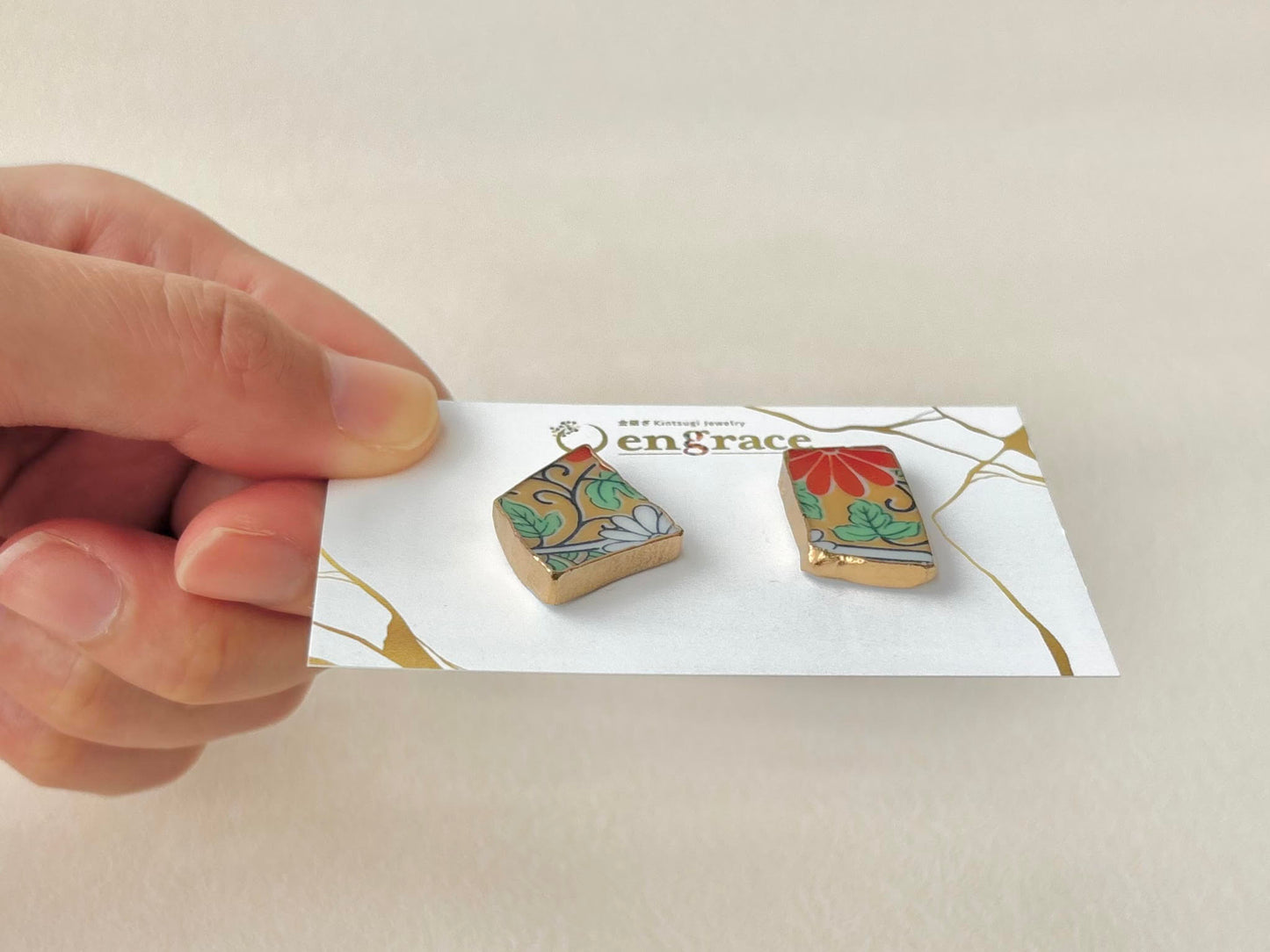 【金具が選べる】有田焼　金継ぎ　ピアス　イヤリング　花柄　リーフ柄　伝統工芸　＃559