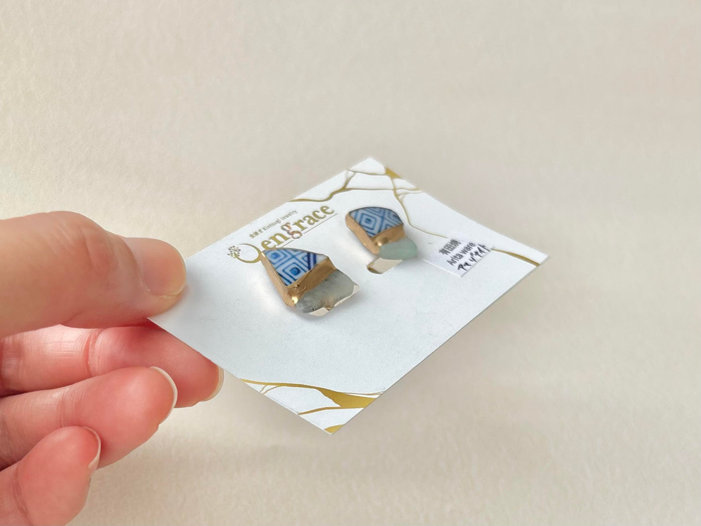 Hagi Ware Kintsugi Screw-Back Clip-On Earrings, Blue, Dangling, Traditional Craft, #489