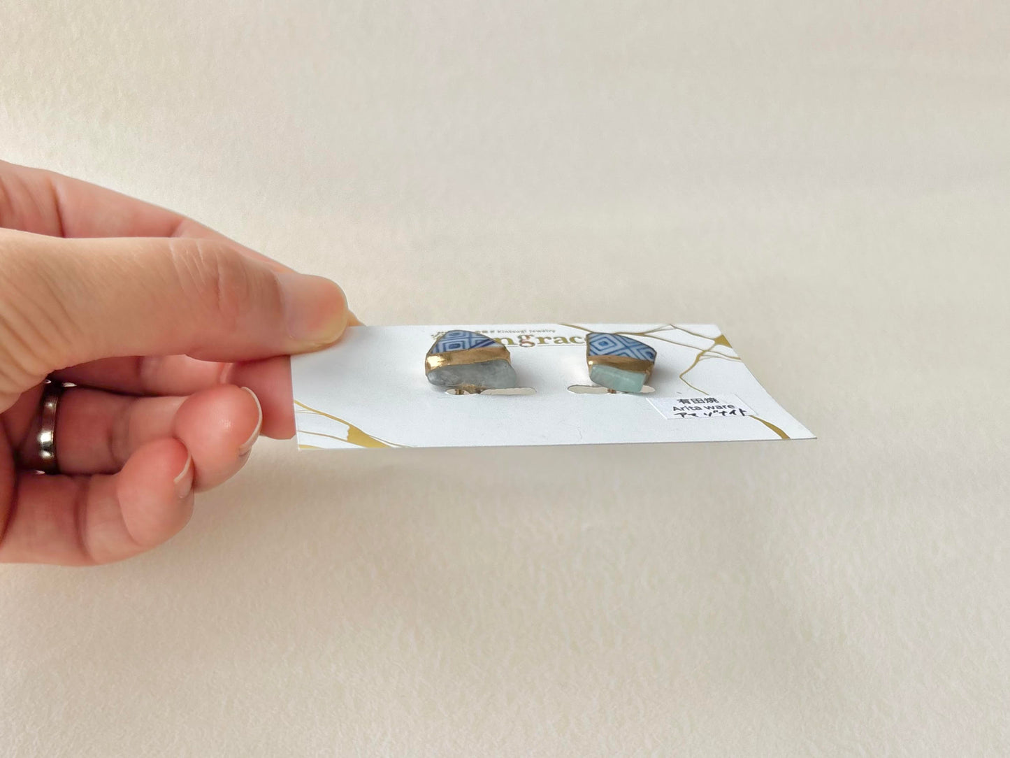 Hagi Ware Kintsugi Screw-Back Clip-On Earrings, Blue, Dangling, Traditional Craft, #489