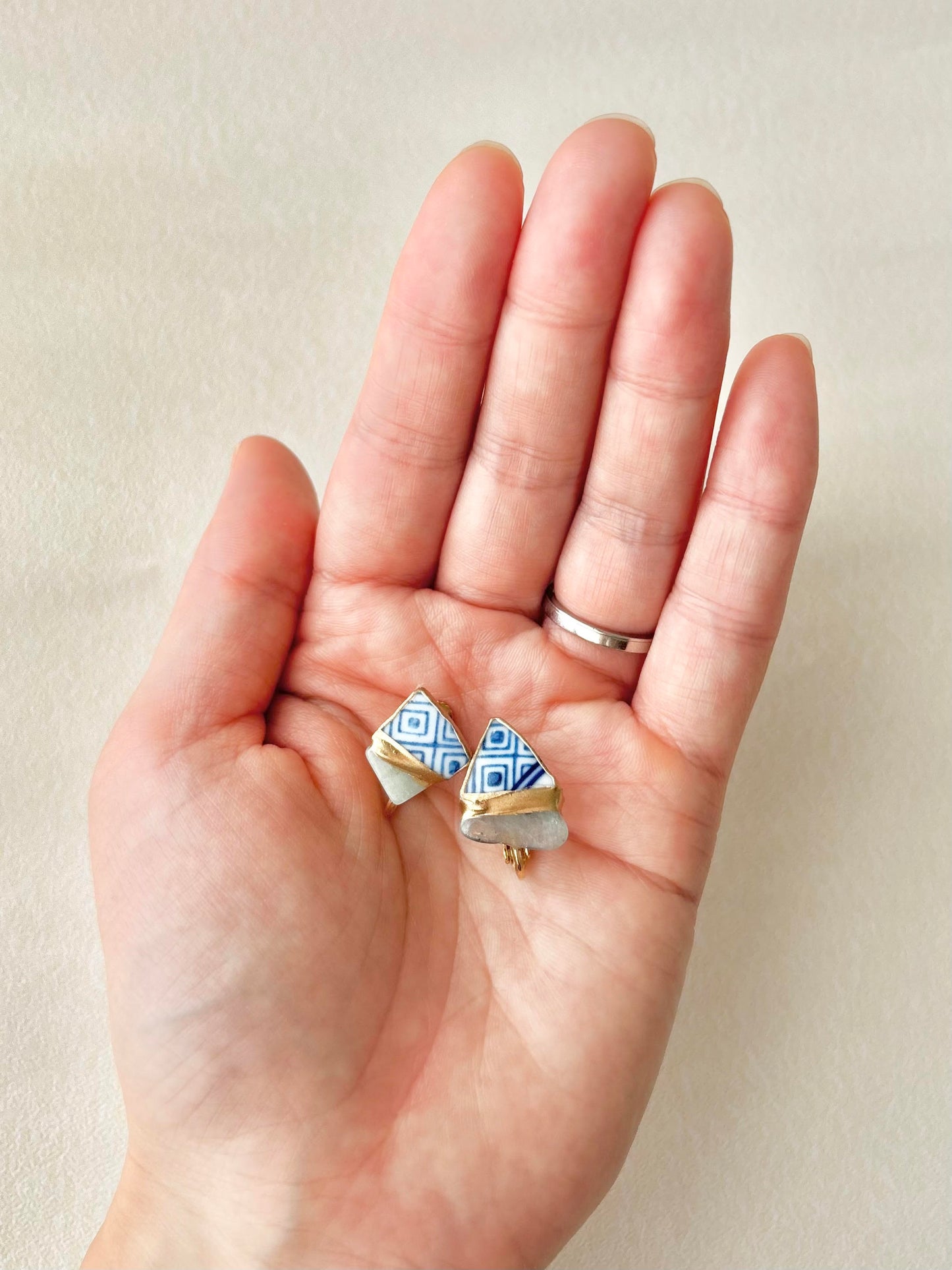 Hagi Ware Kintsugi Screw-Back Clip-On Earrings, Blue, Dangling, Traditional Craft, #489