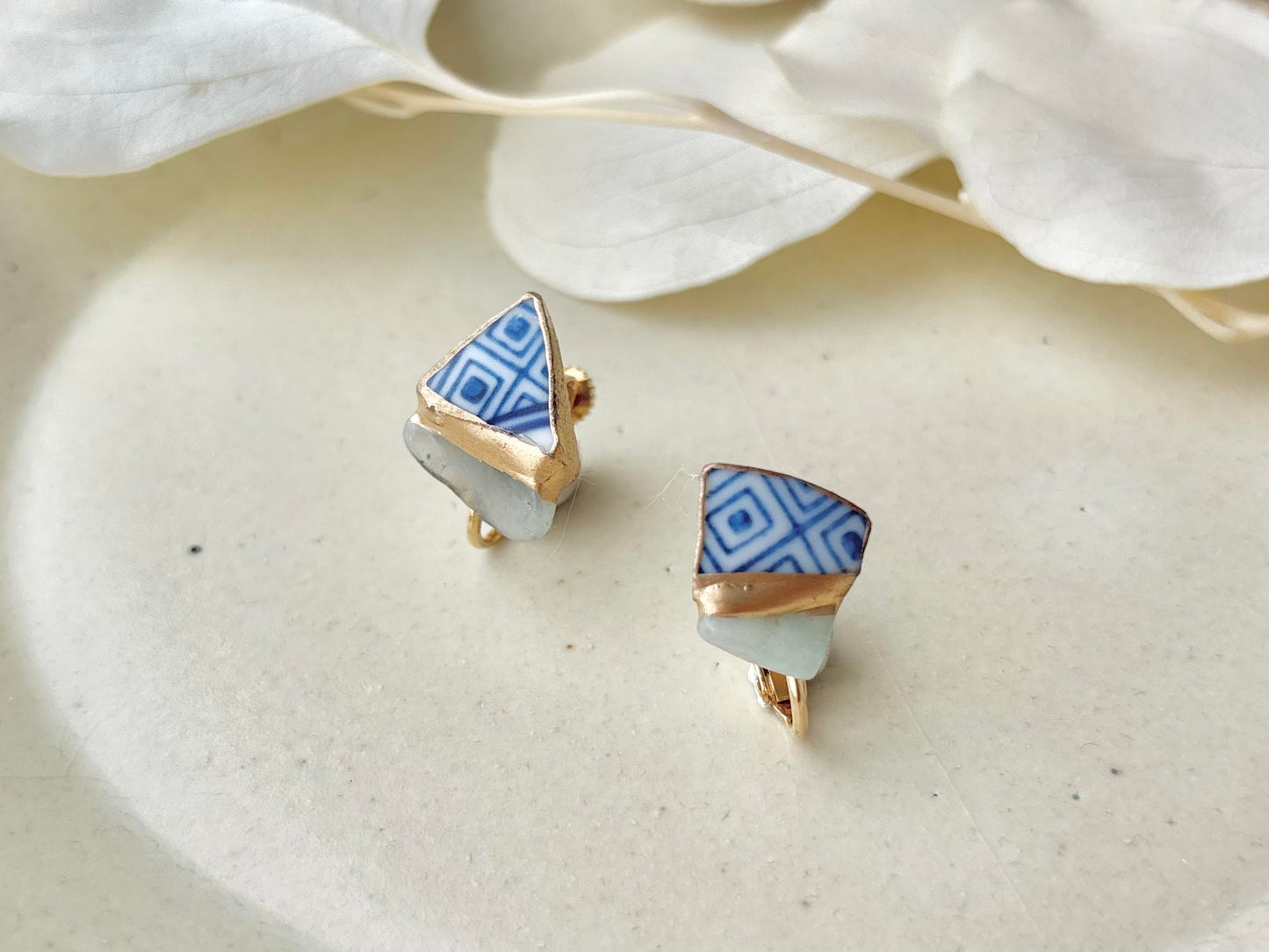 Hagi Ware Kintsugi Screw-Back Clip-On Earrings, Blue, Dangling, Traditional Craft, #489