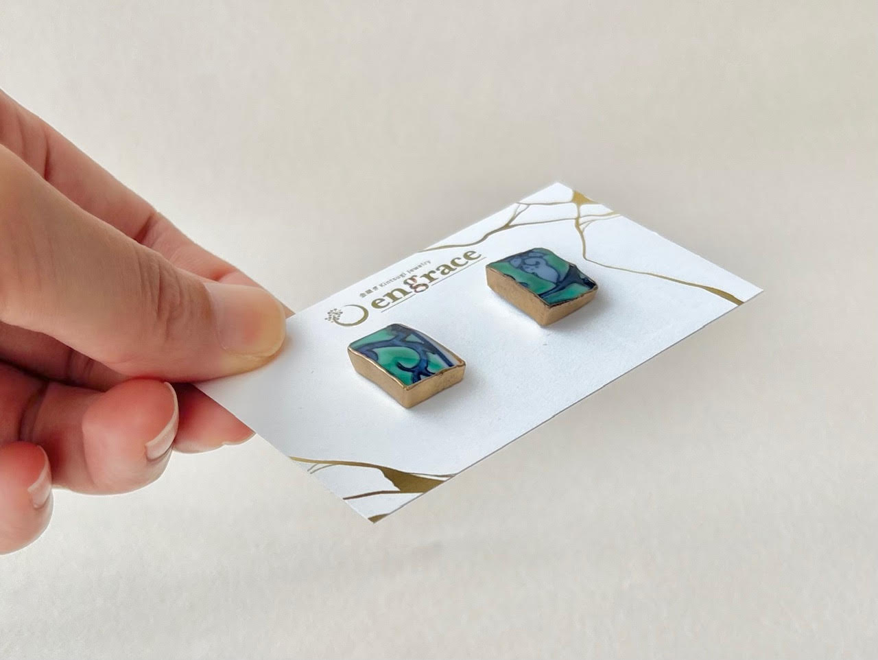【金具が選べる】有田焼　金継ぎ　ピアス　イヤリング　グリーン　紺　伝統工芸　＃564