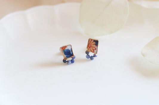 有田焼 　金継ぎ　サージカルステンレスピアス　花柄　リーフ柄　青　ラピスラズリ　天然石　伝統工芸　＃580