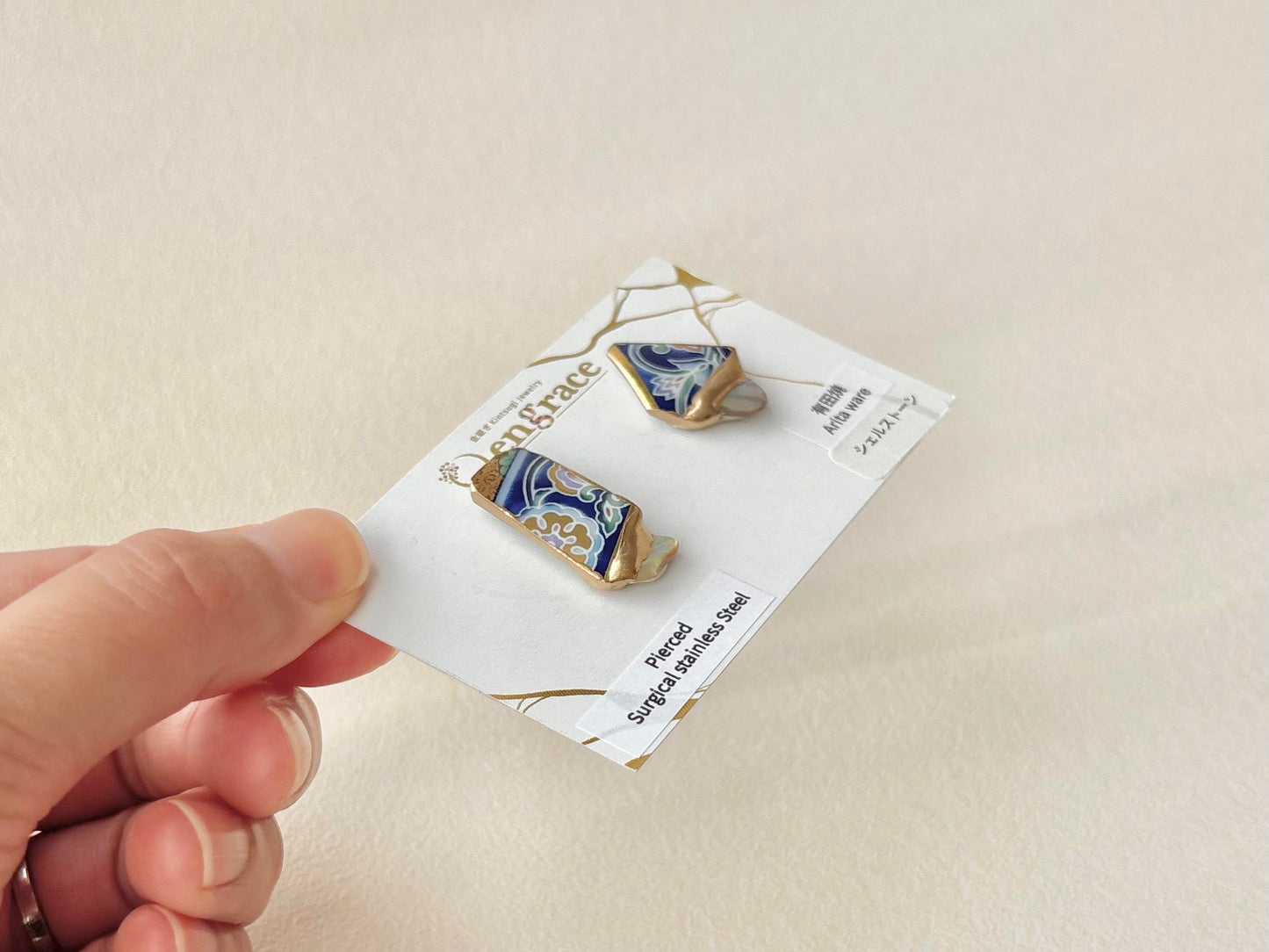 有田焼 　金継ぎ　サージカルステンレスピアス　花柄　和柄　シェルストーン　天然石　伝統工芸　＃589