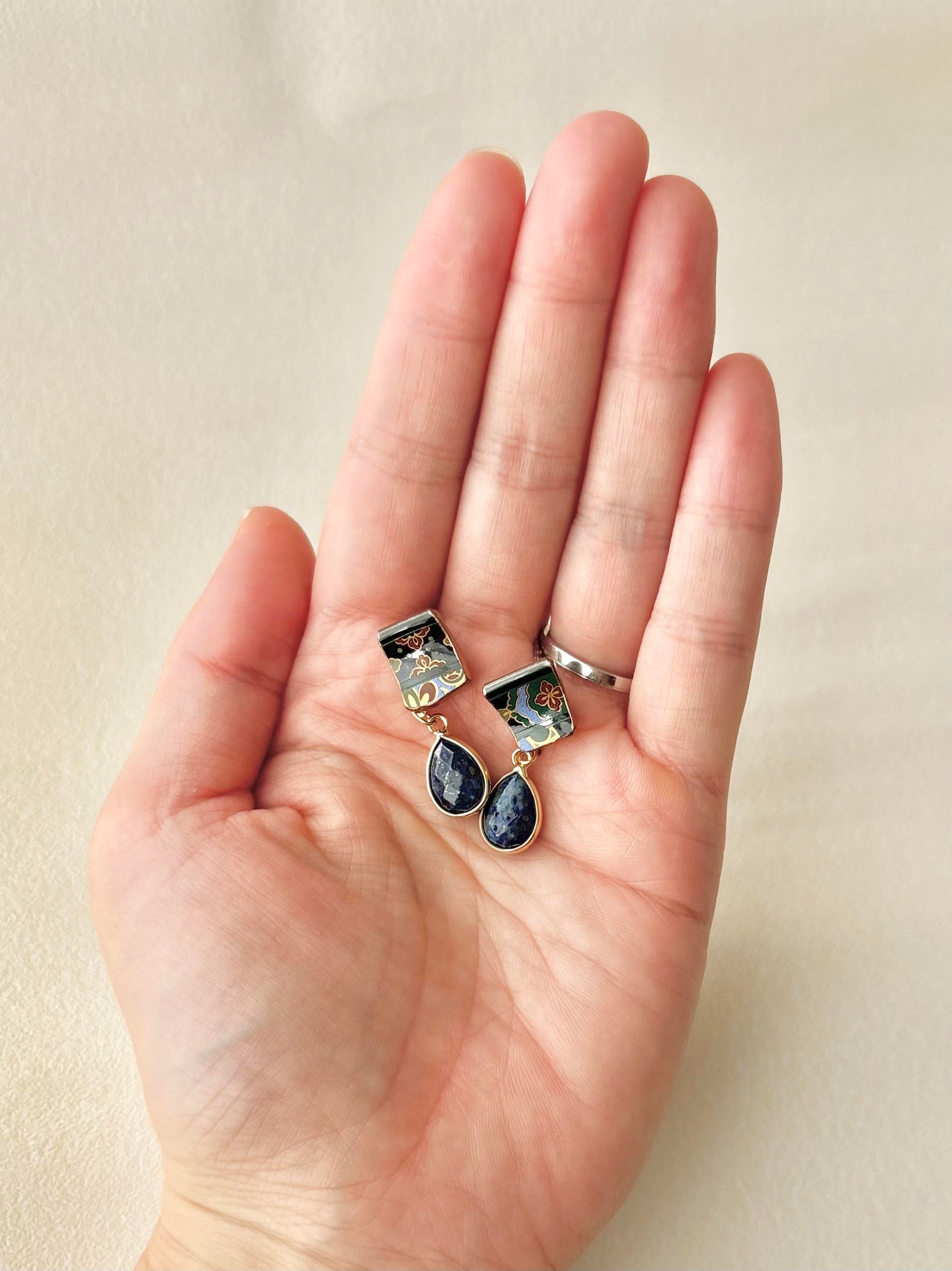 Hagi Ware Kintsugi Screw-Back Clip-On Earrings, Blue, Dangling, Traditional Craft, #489