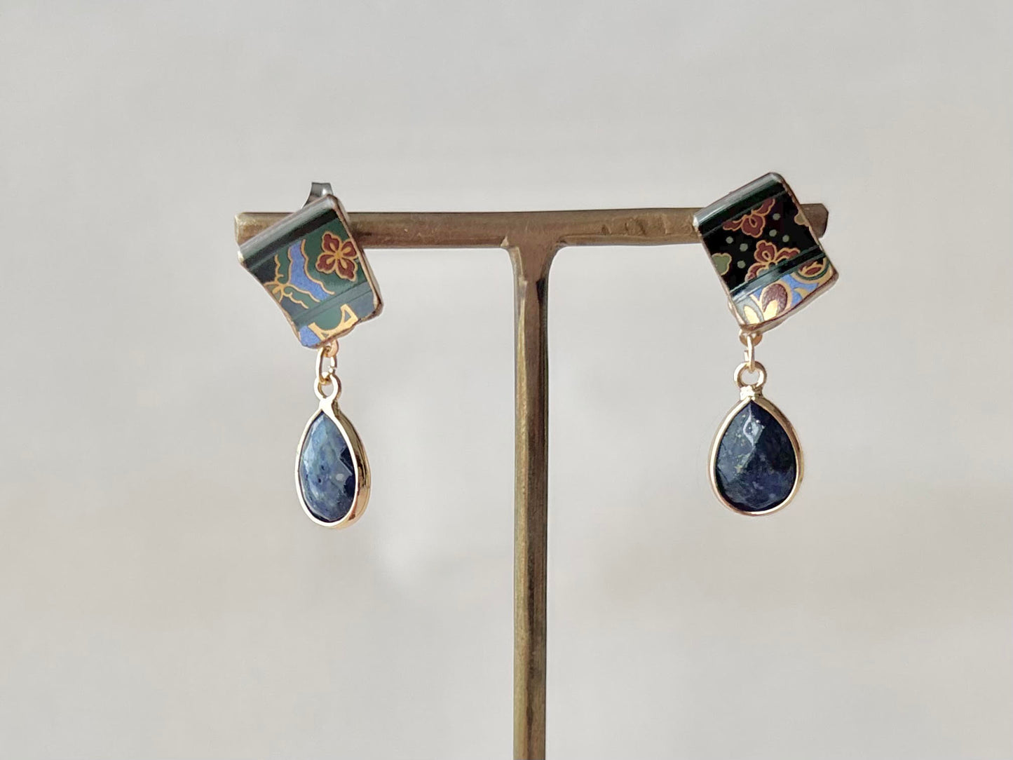 Hagi Ware Kintsugi Screw-Back Clip-On Earrings, Blue, Dangling, Traditional Craft, #489