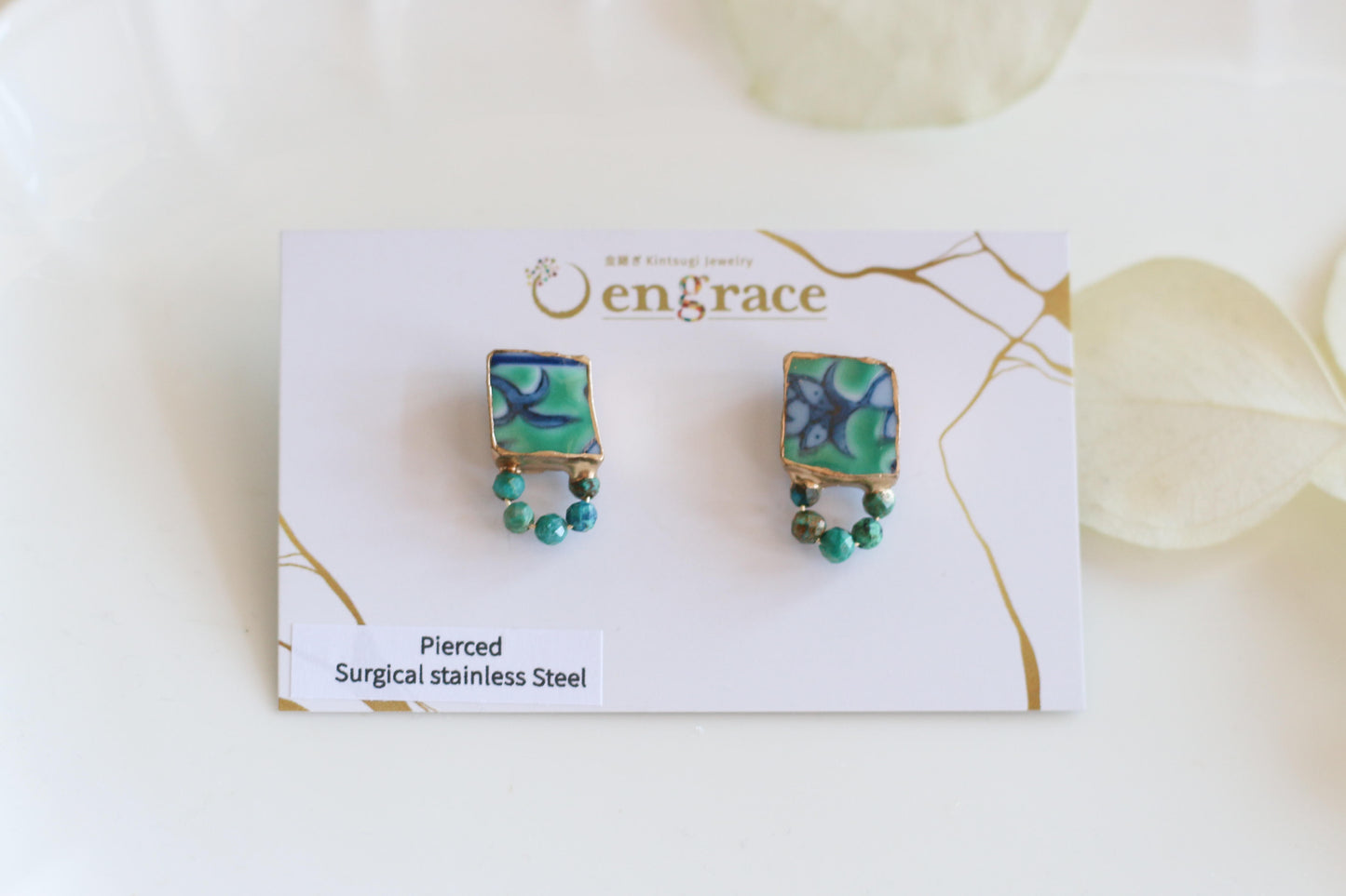 Hagi Ware Kintsugi Screw-Back Clip-On Earrings, Blue, Dangling, Traditional Craft, #489