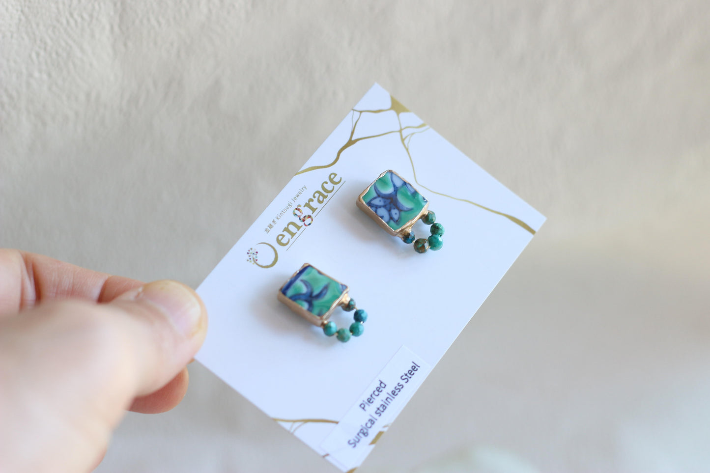 Hagi Ware Kintsugi Screw-Back Clip-On Earrings, Blue, Dangling, Traditional Craft, #489