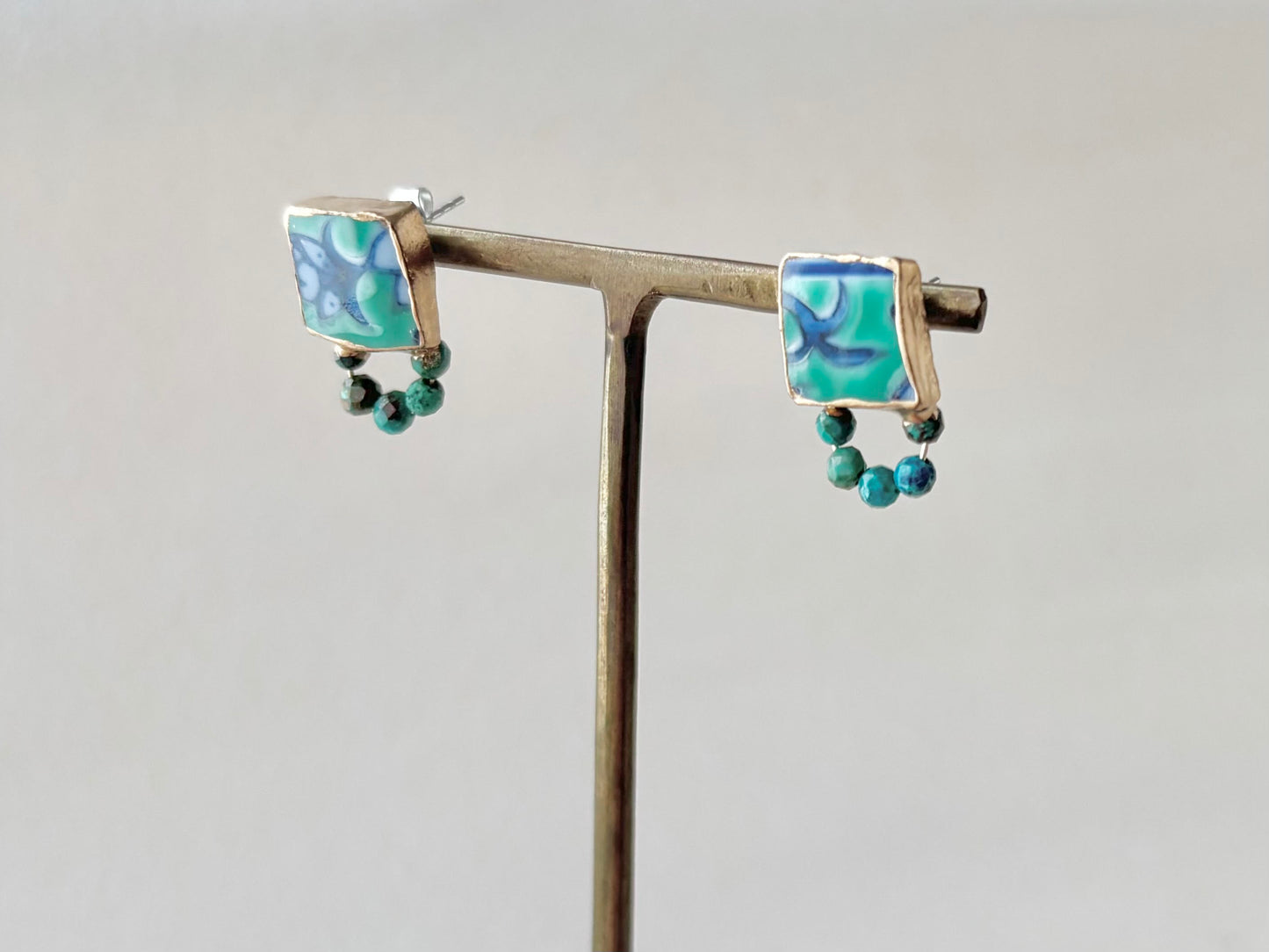 Hagi Ware Kintsugi Screw-Back Clip-On Earrings, Blue, Dangling, Traditional Craft, #489