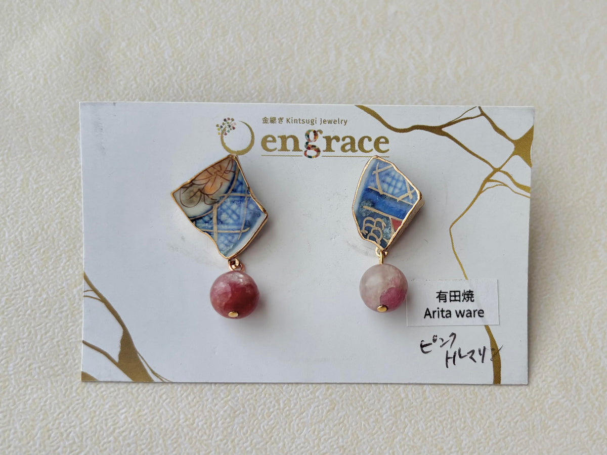 有田焼 　金継ぎ　サージカルステンレスピアス　花柄　和柄　ピンクトルマリン　揺れる　天然石　伝統工芸　＃595