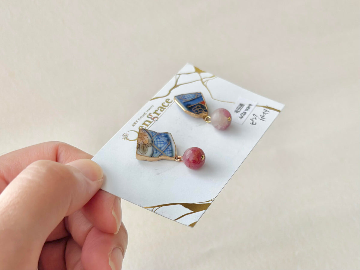 有田焼 　金継ぎ　サージカルステンレスピアス　花柄　和柄　ピンクトルマリン　揺れる　天然石　伝統工芸　＃595