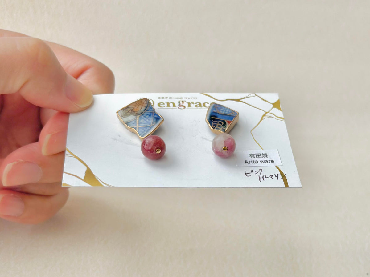 有田焼 　金継ぎ　サージカルステンレスピアス　花柄　和柄　ピンクトルマリン　揺れる　天然石　伝統工芸　＃595