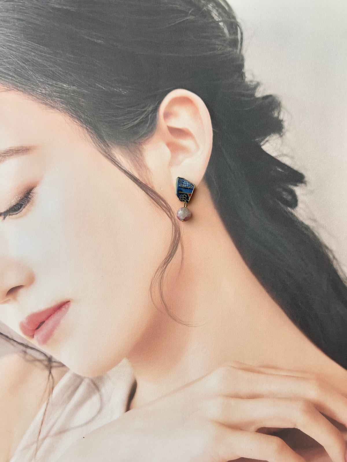 有田焼 　金継ぎ　サージカルステンレスピアス　花柄　和柄　ピンクトルマリン　揺れる　天然石　伝統工芸　＃595