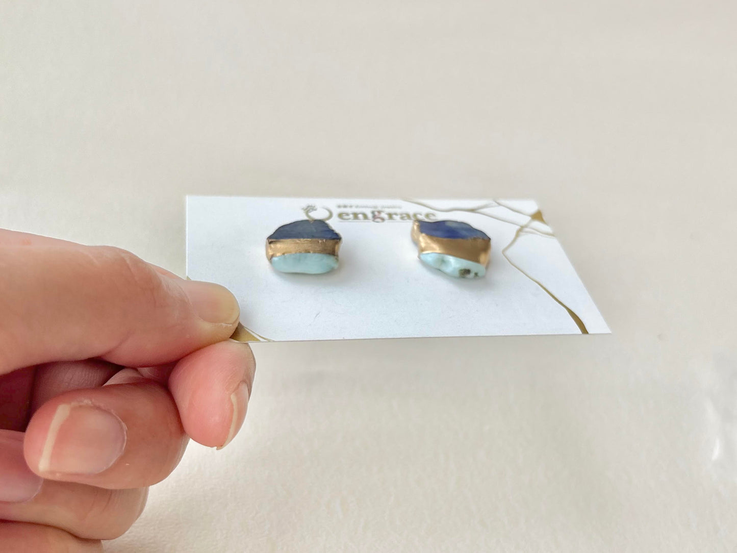 【金具が選べる】萩焼　金継ぎ　ピアス　イヤリング　藍色　ラリマー　天然石　伝統工芸　＃602