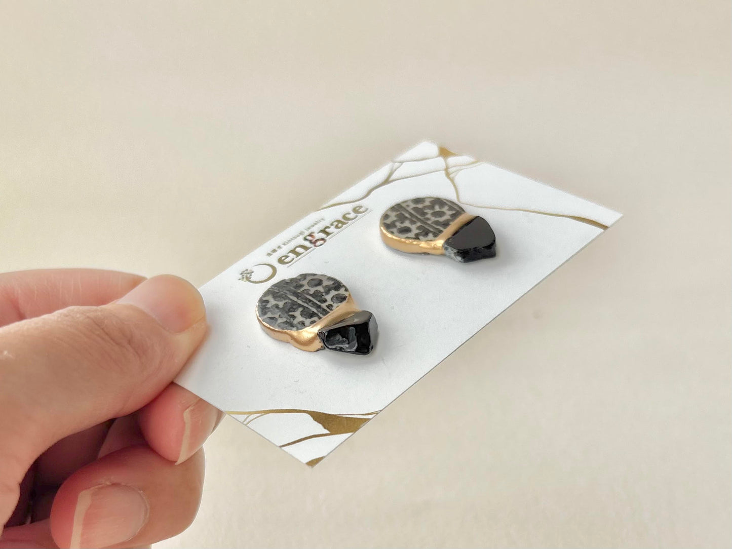 【Hardware Customizable】 Hagi ware - Kintsugi - Earrings (Pierced or Clip-on) - Deep Indigo Blue - Freshwater Pearl & Natural Stone - Traditional craft - #190