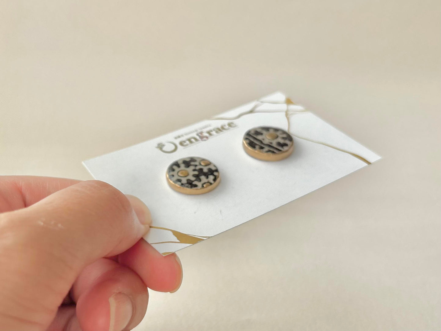 【金具が選べる】唐津焼　金継ぎ　ピアス　イヤリング　黒　白　三嶋文　伝統工芸　＃607
