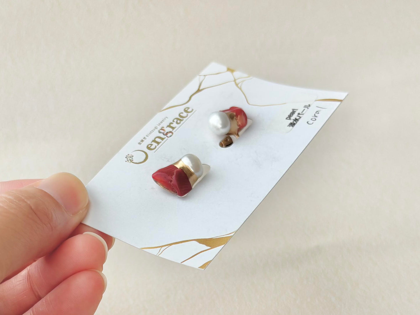 淡水パール サンゴ 金継ぎ　ネジバネ式イヤリング　伝統工芸　＃612