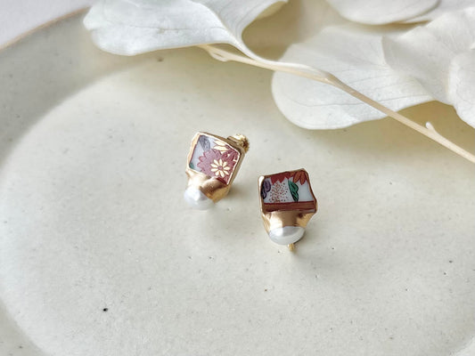 有田焼　金継ぎ　ネジバネ式イヤリング・ネックレスセット　赤　花柄　リーフ柄　淡水パール　伝統工芸　＃617