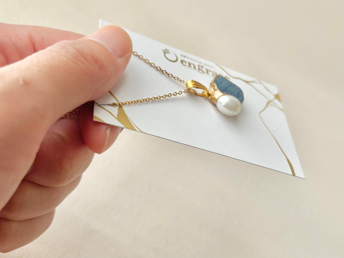 萩焼　金継ぎ　ネックレス　サージカルステンレスチェーン　アレルギー対応　18K　青色　淡水パール　伝統工芸　＃618