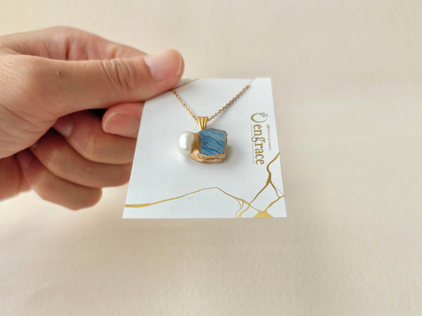 萩焼　金継ぎ　ネックレス　サージカルステンレスチェーン　アレルギー対応　18K　青色　淡水パール　伝統工芸　＃618