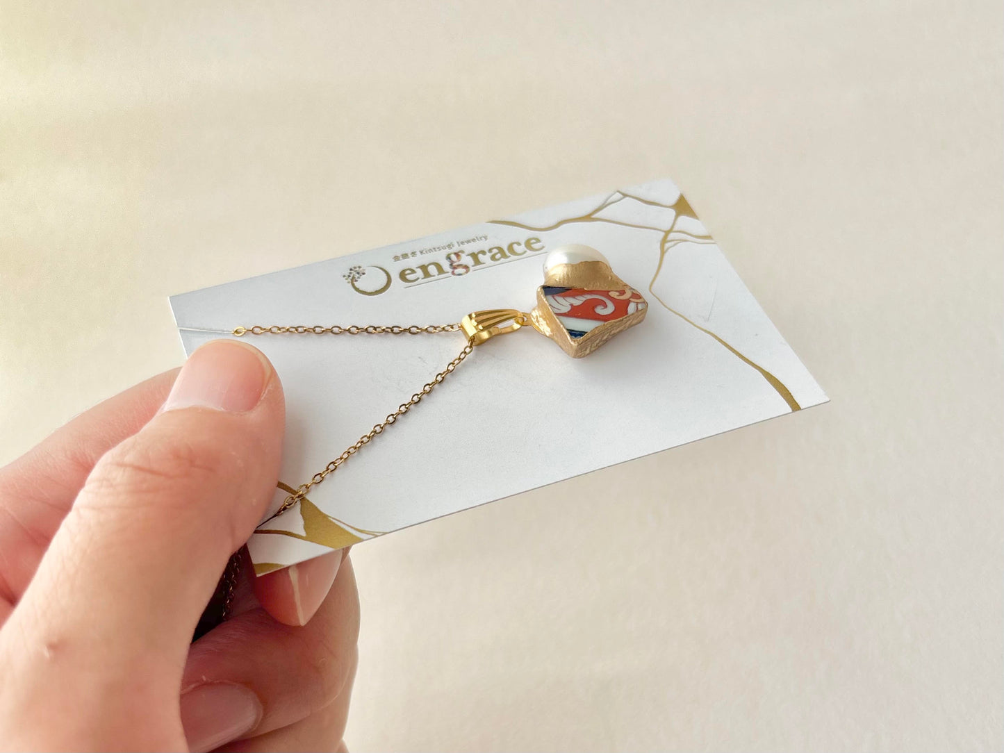 有田焼　金継ぎ　ネックレス　サージカルステンレスチェーン　アレルギー対応　18K　和柄　淡水パール　伝統工芸　＃621