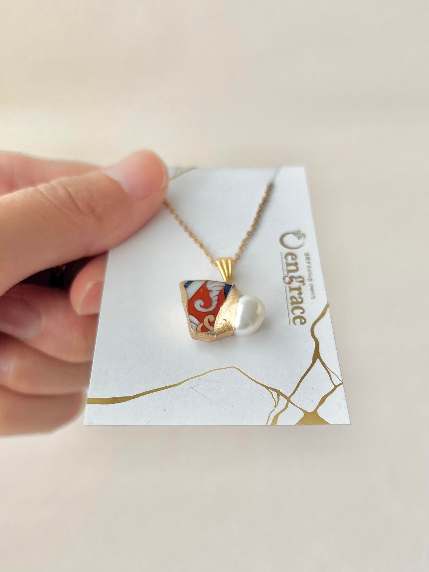 有田焼　金継ぎ　ネックレス　サージカルステンレスチェーン　アレルギー対応　18K　和柄　淡水パール　伝統工芸　＃621