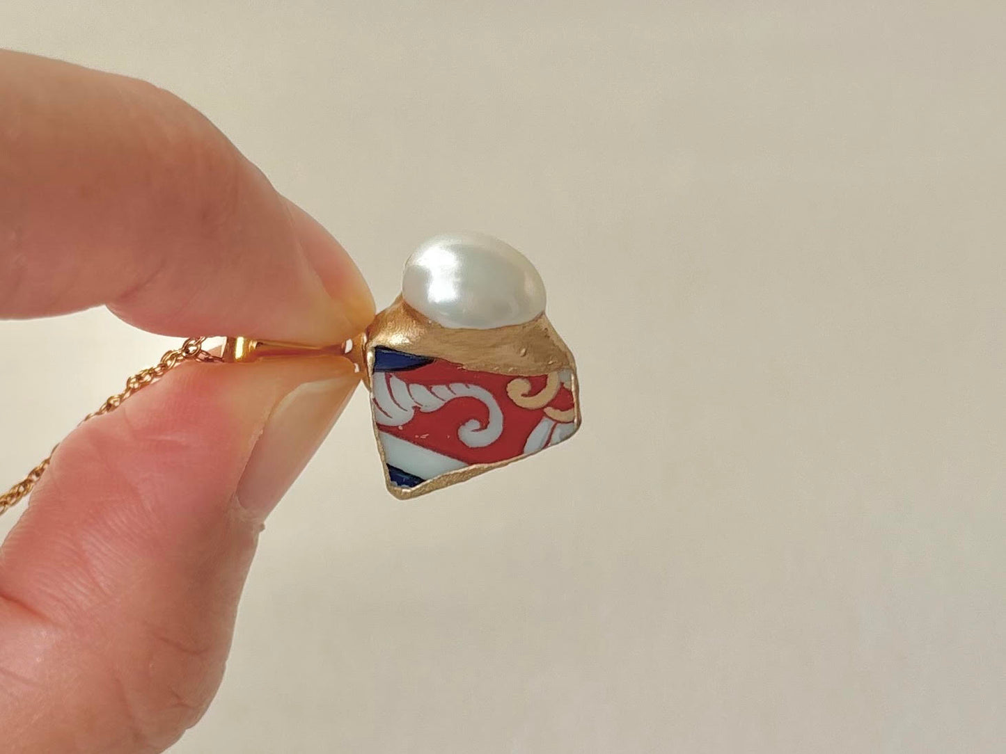 有田焼　金継ぎ　ネックレス　サージカルステンレスチェーン　アレルギー対応　18K　和柄　淡水パール　伝統工芸　＃621