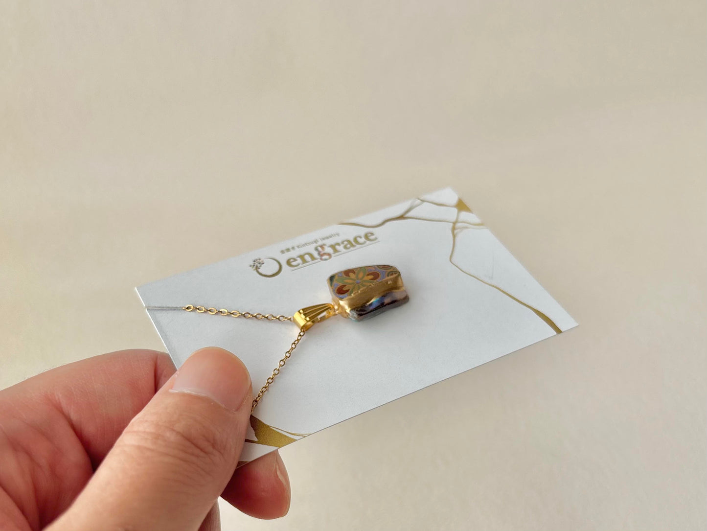 有田焼　金継ぎ　ネックレス　サージカルステンレスチェーン　アレルギー対応　18K　花柄　アバロンシェル　天然石　伝統工芸　#622