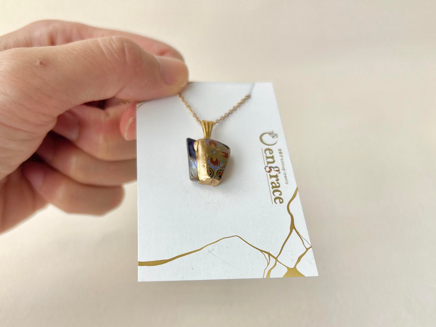 有田焼　金継ぎ　ネックレス　サージカルステンレスチェーン　アレルギー対応　18K　花柄　アバロンシェル　天然石　伝統工芸　#622