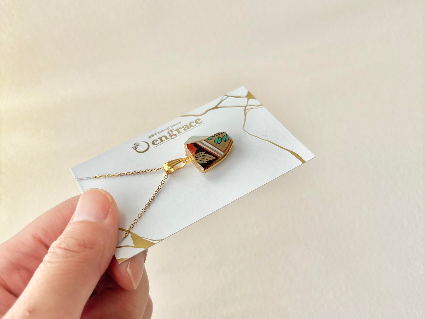 有田焼　金継ぎ　ネックレス　サージカルステンレスチェーン　アレルギー対応　18K　花柄　リーフ柄　シェル　天然石　伝統工芸　#624