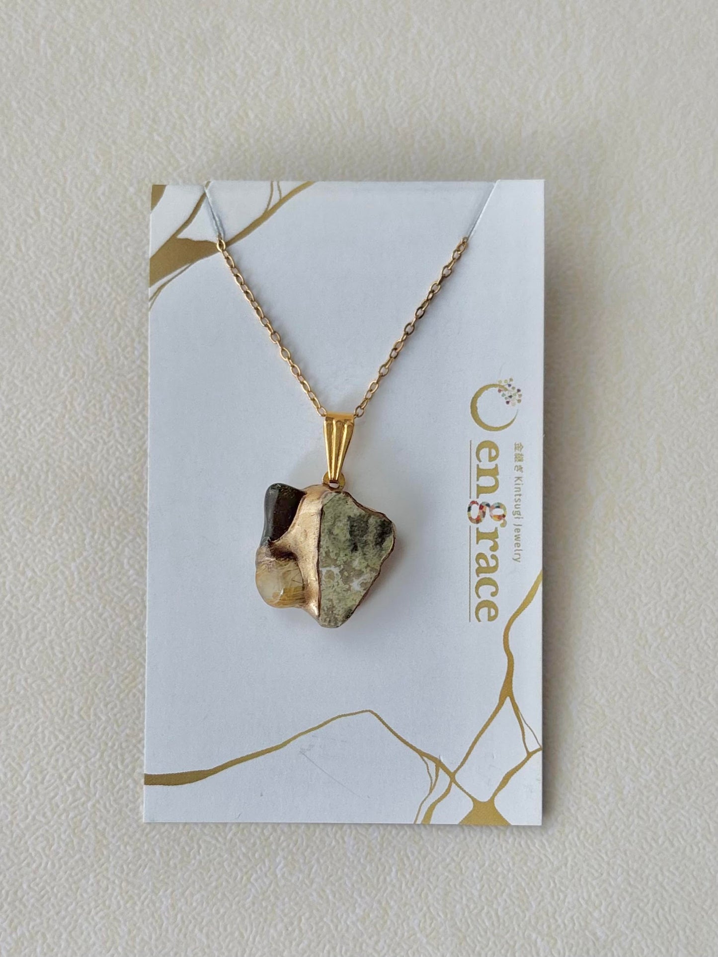 京焼　金継ぎ　ネックレス　サージカルステンレスチェーン　アレルギー対応　18K　オプシディアン　ゴールドルチルクォーツ　天然石　伝統工芸　＃625