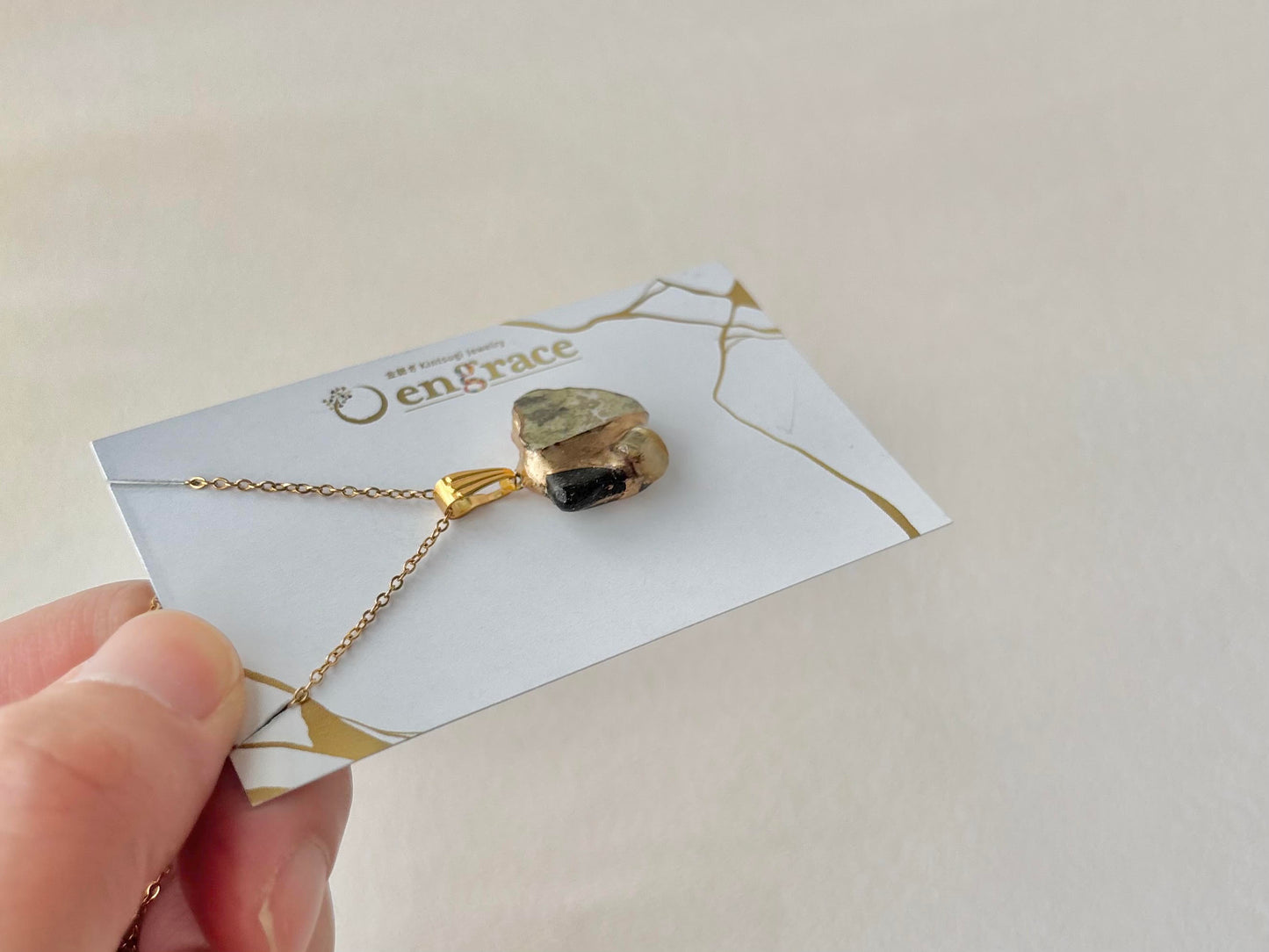 京焼　金継ぎ　ネックレス　サージカルステンレスチェーン　アレルギー対応　18K　オプシディアン　ゴールドルチルクォーツ　天然石　伝統工芸　＃625