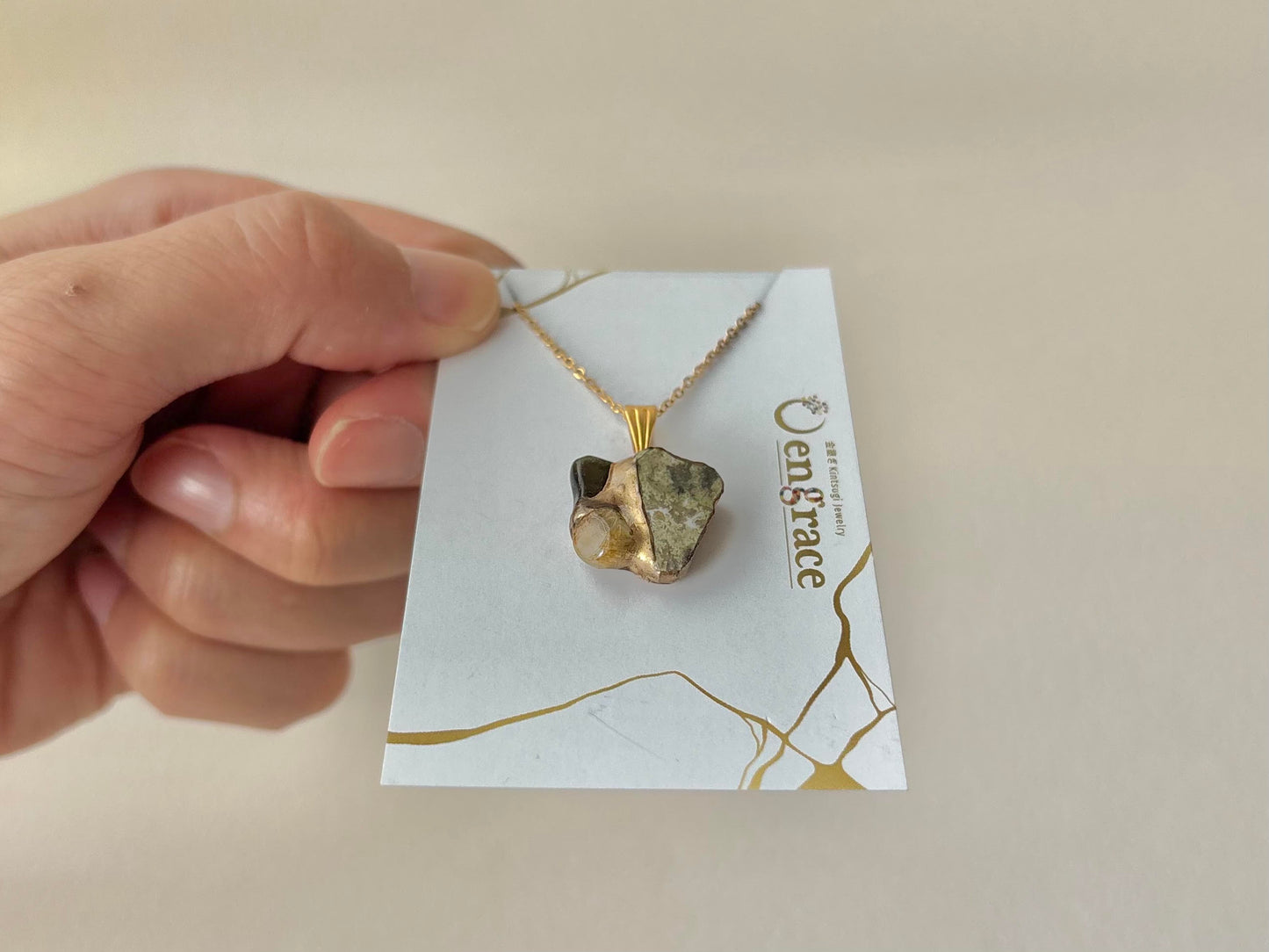 京焼　金継ぎ　ネックレス　サージカルステンレスチェーン　アレルギー対応　18K　オプシディアン　ゴールドルチルクォーツ　天然石　伝統工芸　＃625