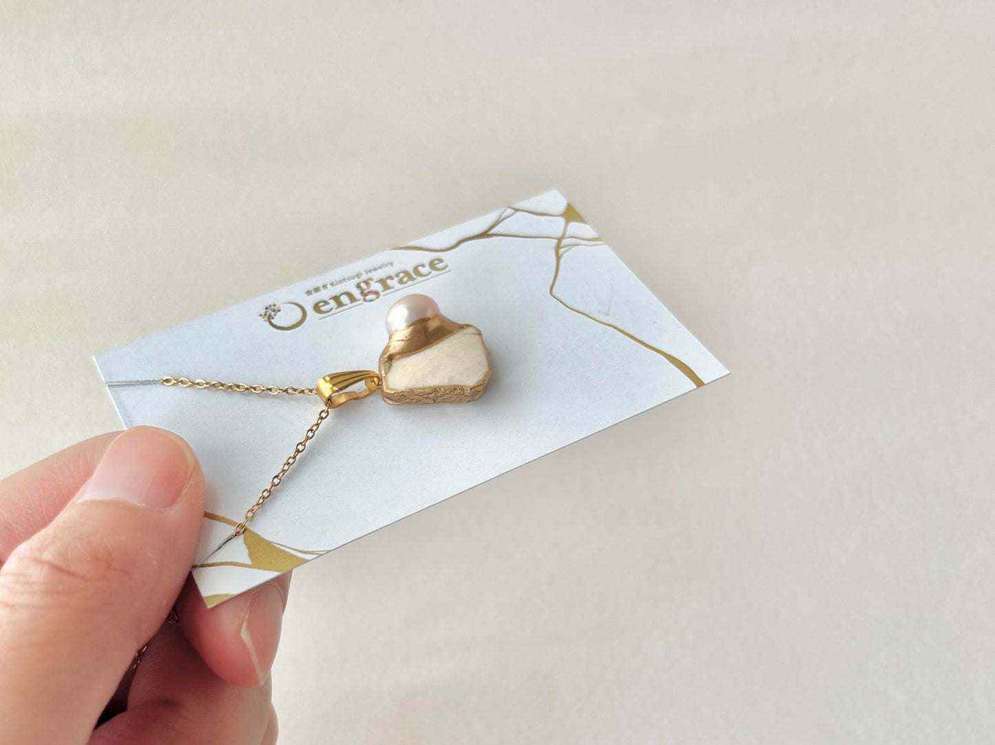 萩焼　金継ぎ　ネックレス　サージカルステンレスチェーン　アレルギー対応　18K　白色　淡水パール　伝統工芸　＃626
