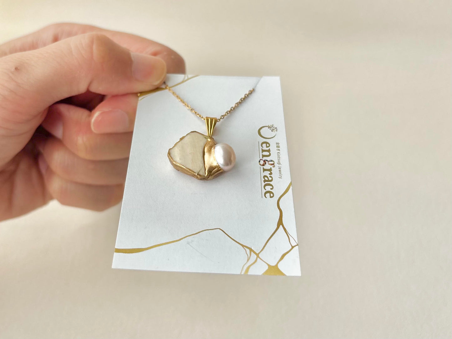 萩焼　金継ぎ　ネックレス　サージカルステンレスチェーン　アレルギー対応　18K　白色　淡水パール　伝統工芸　＃626