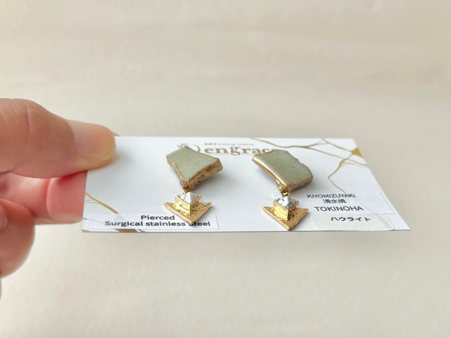 清水焼 　TOKINOHA　金継ぎ　サージカルステンレスピアス　ハウライト　天然石　伝統工芸　＃627