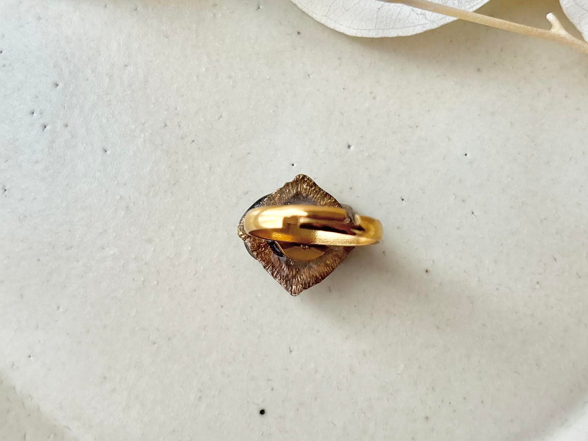 有田焼　金継ぎ　リング　ステンレス　18Kコーティング　フリーサイズ　花柄　アバロンシェル　天然石　伝統工芸　＃632