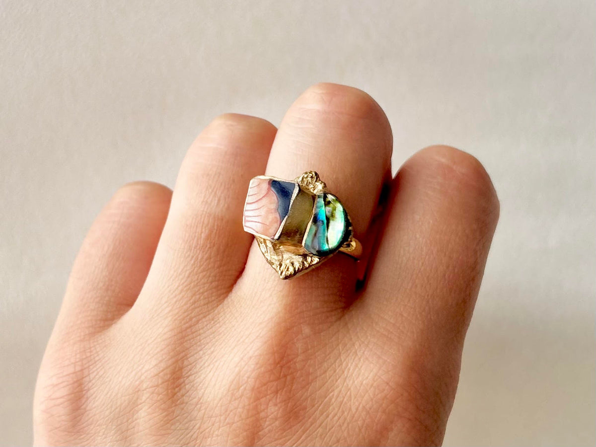 有田焼　金継ぎ　リング　ステンレス　18Kコーティング　フリーサイズ　花柄　アバロンシェル　天然石　伝統工芸　＃632