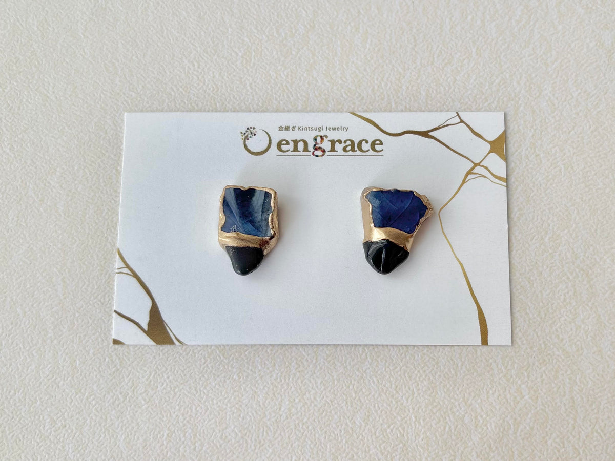【Hardware Customizable】 Hagi ware - Kintsugi - Earrings (Pierced or Clip-on) - Deep Indigo Blue - Freshwater Pearl & Natural Stone - Traditional craft - #190