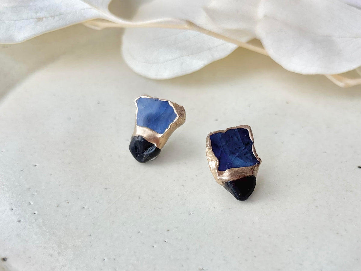 【Hardware Customizable】 Hagi ware - Kintsugi - Earrings (Pierced or Clip-on) - Deep Indigo Blue - Freshwater Pearl & Natural Stone - Traditional craft - #190
