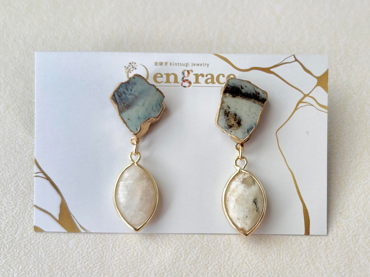 Hagi Ware Kintsugi Earrings - Surgical Stainless Steel Posts, Indigo Blue, Freshwater Pearls, Natural Stones, Traditional Crafts #373