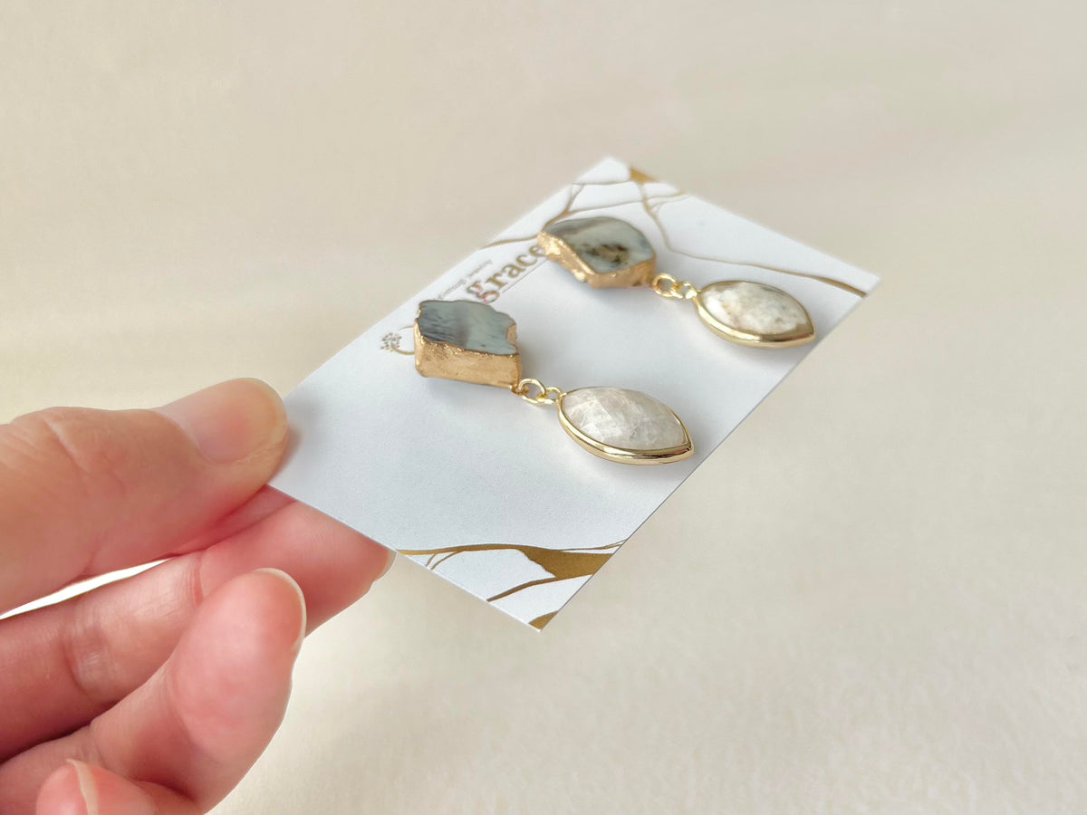 Hagi Ware Kintsugi Earrings - Surgical Stainless Steel Posts, Indigo Blue, Freshwater Pearls, Natural Stones, Traditional Crafts #373