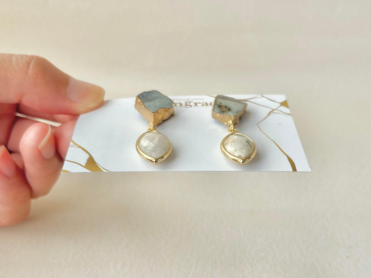 Hagi Ware Kintsugi Earrings - Surgical Stainless Steel Posts, Indigo Blue, Freshwater Pearls, Natural Stones, Traditional Crafts #373