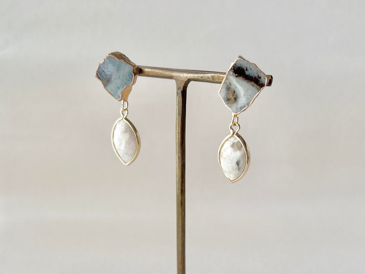Hagi Ware Kintsugi Earrings - Surgical Stainless Steel Posts, Indigo Blue, Freshwater Pearls, Natural Stones, Traditional Crafts #373