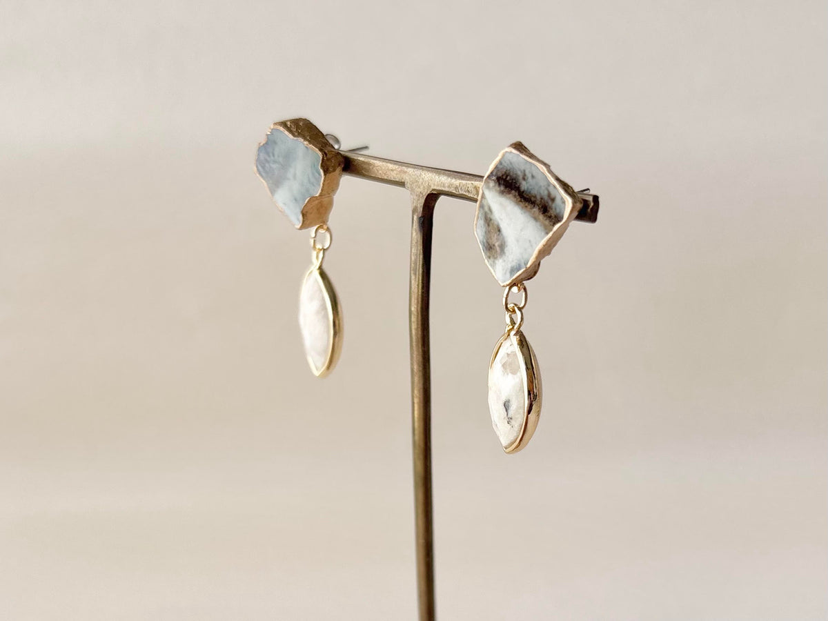 Hagi Ware Kintsugi Earrings - Surgical Stainless Steel Posts, Indigo Blue, Freshwater Pearls, Natural Stones, Traditional Crafts #373