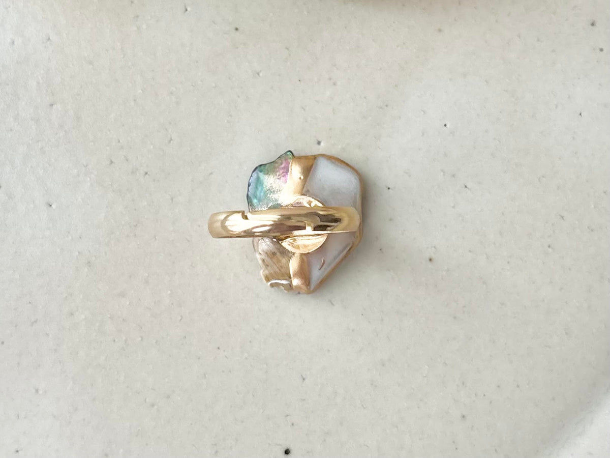 有田焼　金継ぎ　リング　サージカルステンレス304　18K　PVD　フリーサイズ　青　アバロンシェル　シェル　天然石　伝統工芸　＃646